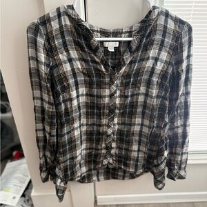 J Jill Colorful Plaid Button Blouse Front Asymmetric Shark Bite Hem XS